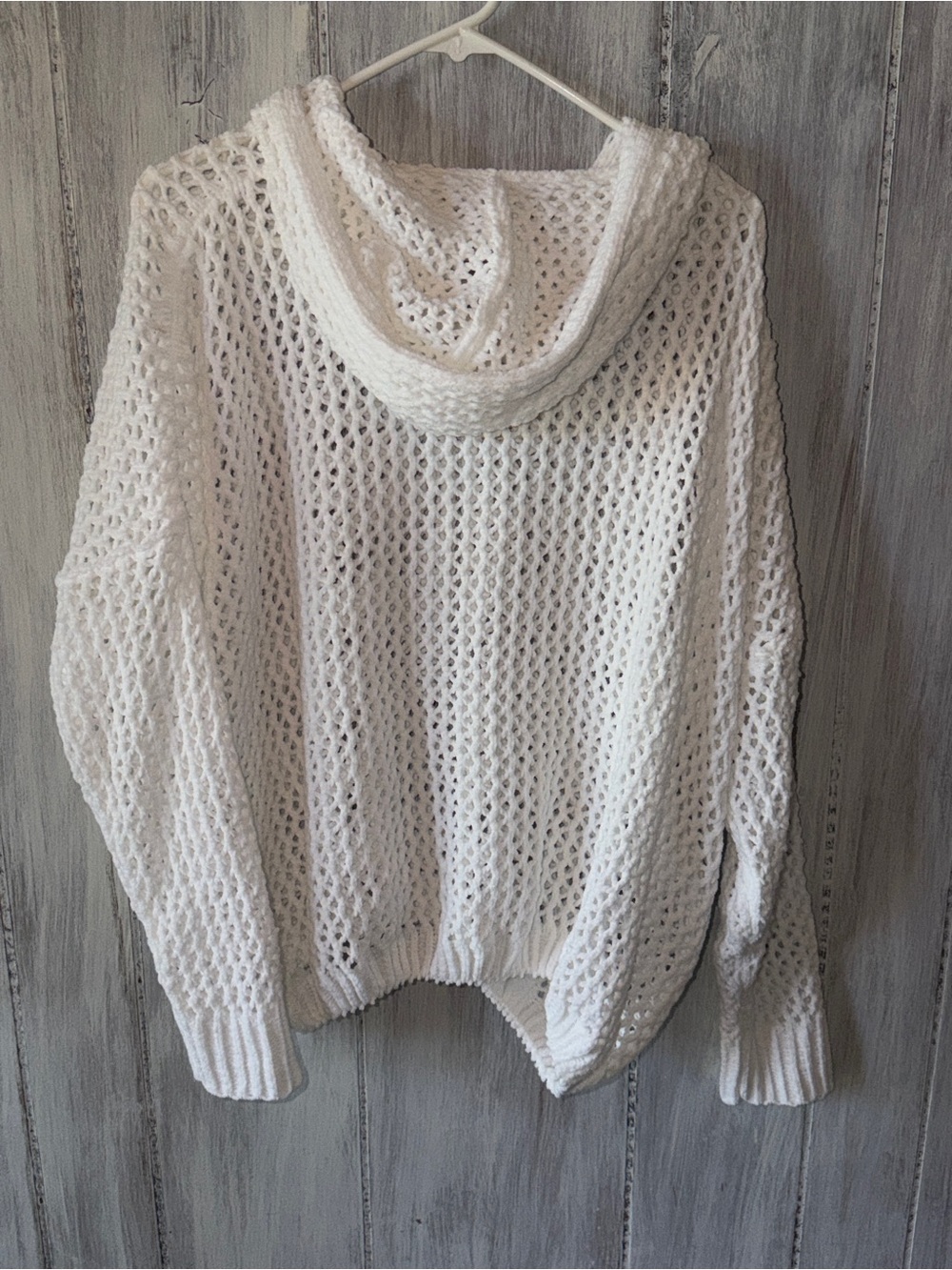 Miracle Open-Knit White Hoodie Sweater with Drawstring - Picture 2 of 2